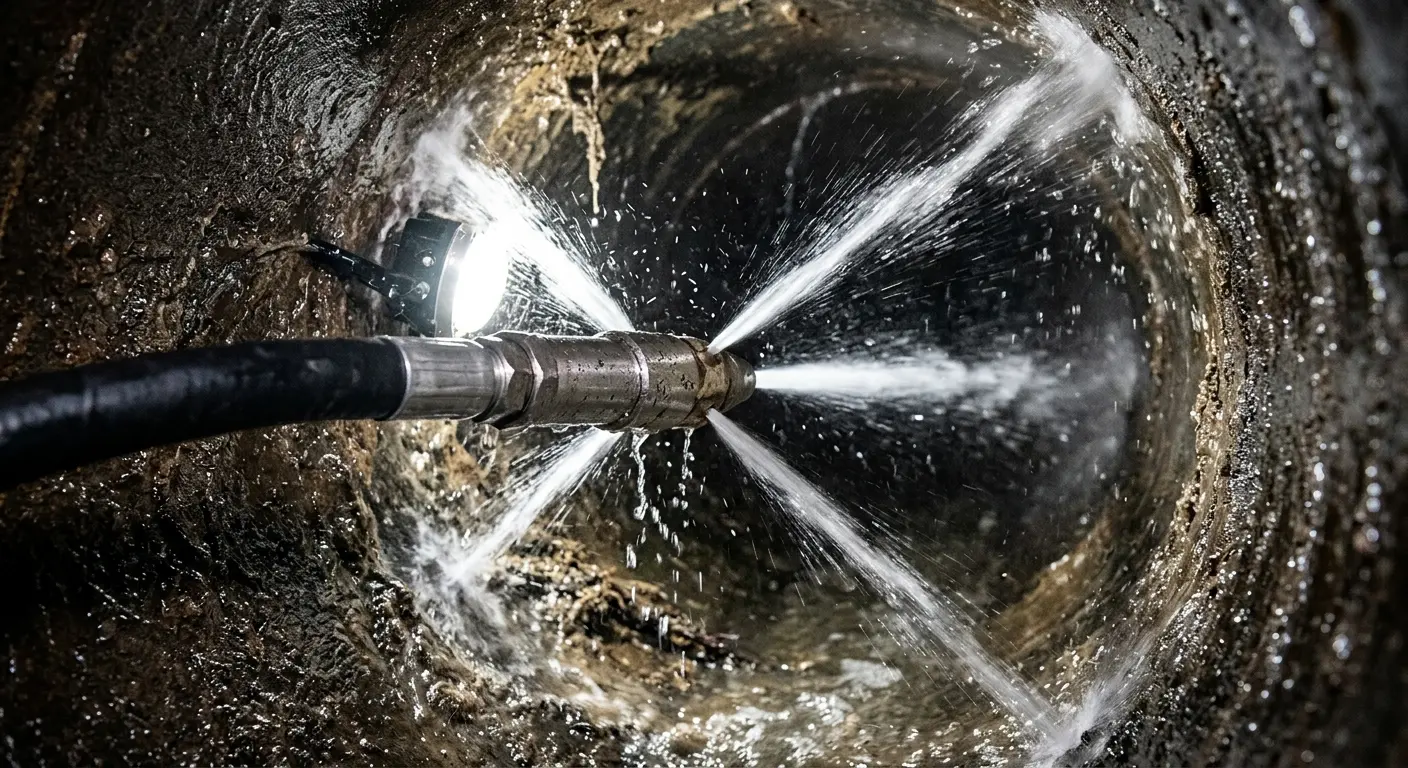 High-pressure hydro jetting nozzle cleaning sewer pipe for Sewer Line Relining in Groton