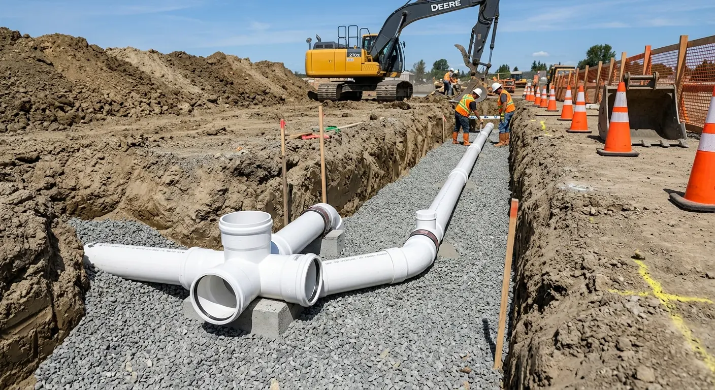 New PVC sewer pipe installation in open trench for Sewer Backup in Groton