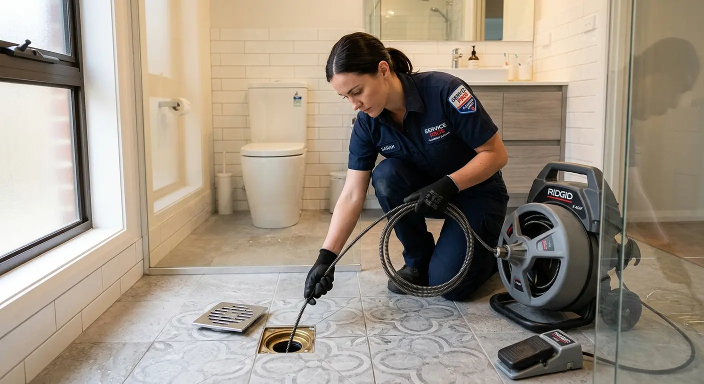 Technician clearing a bathroom floor drain for Drain Repair in Groton